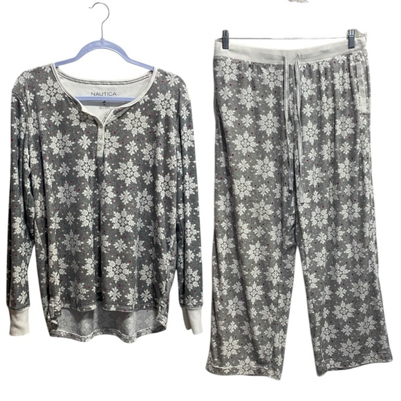 Nautica Super Soft Fleece Snowflake Pajama Set Gray White Henley + Pants Size L - Picture 1 of 15